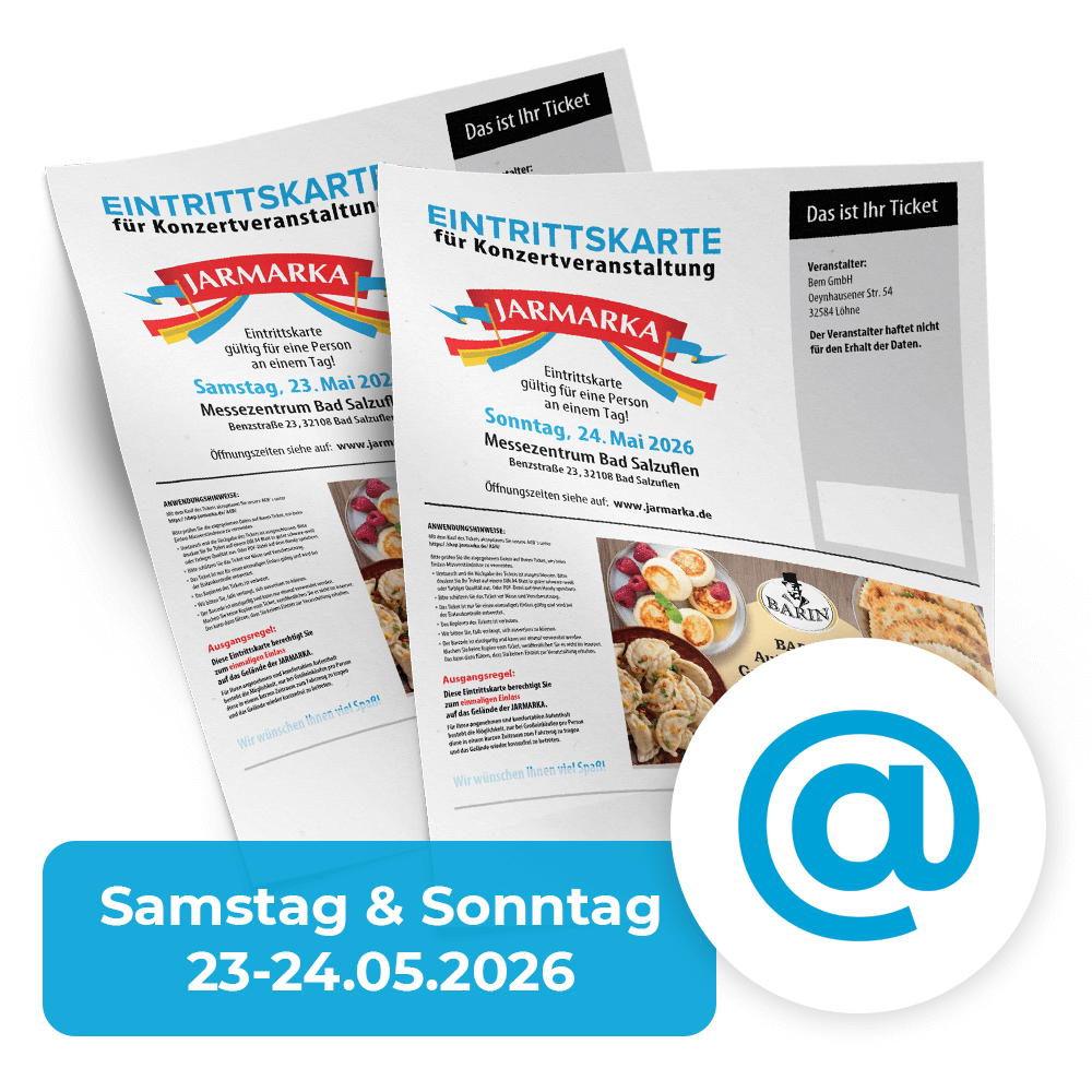 Jarmarka Tickets (per eMail) 23.05. und am 24.05.2026 (Samstag&Sonntag) Jarmarka Tickets (per eMail) 23.05. und am 24.05.2026 (Samstag&Sonntag)